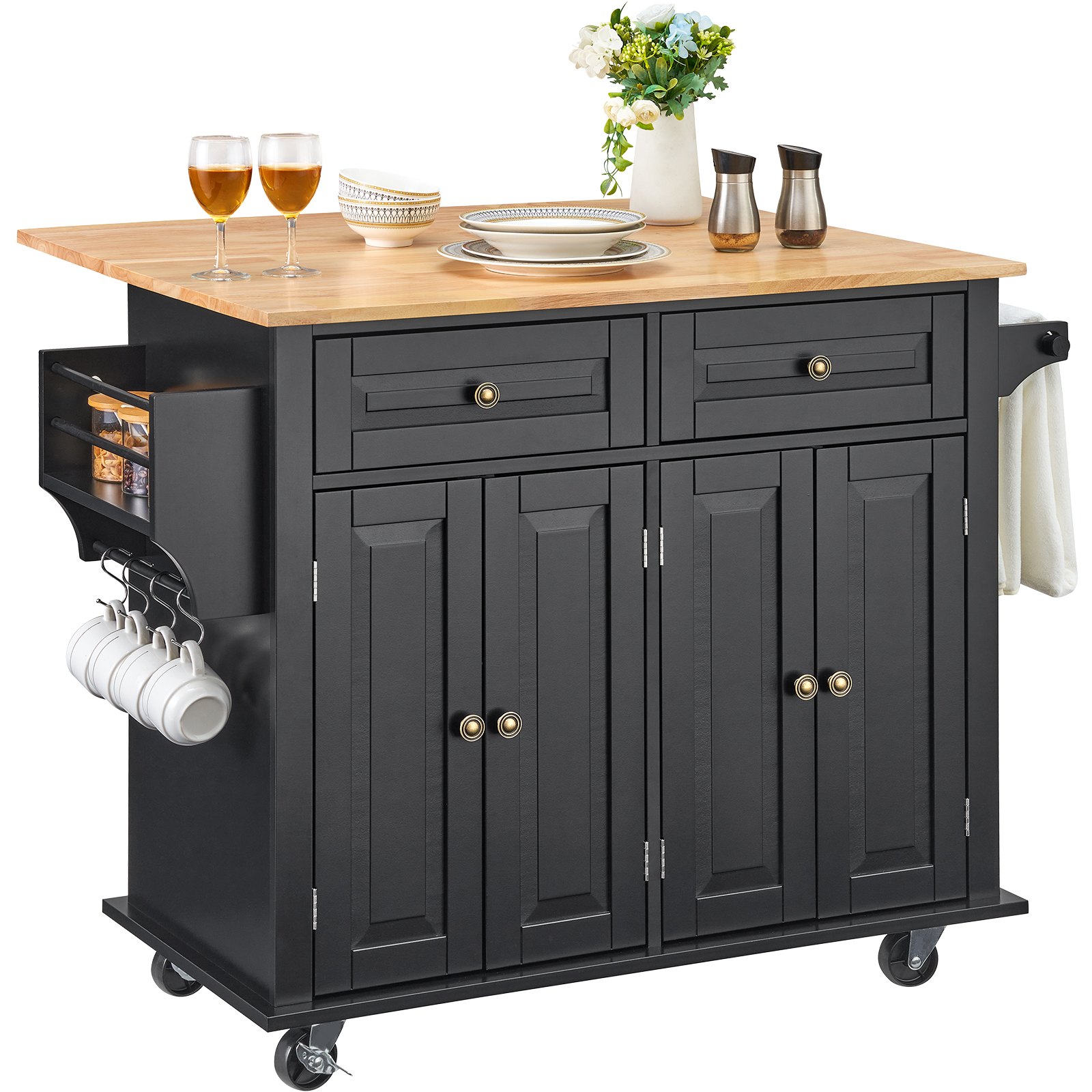 VEVOR Carrello da Cucina, Carrelli Mobili, Piano Ribaltabile in Legno 1100 mm con Mobiletto Portaoggetti, Tavolo con Rotelle, Porta Spezie e Asciugamani, Cassetto Ganci, Isole Portatili, Nero