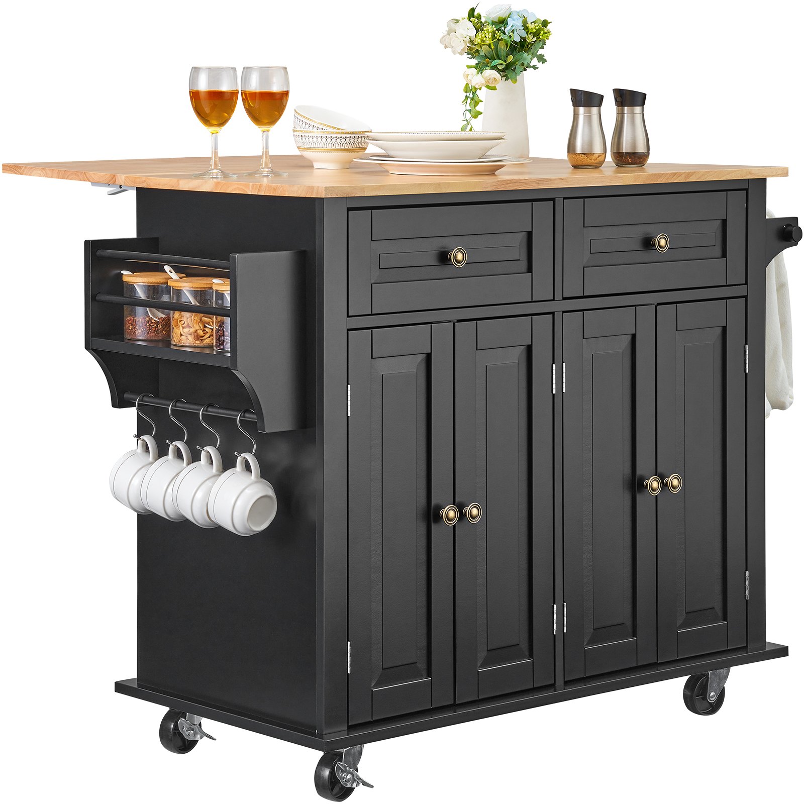 VEVOR Carrello da Cucina, Carrelli Mobili, Piano Ribaltabile in Legno 1100 mm con Mobiletto Portaoggetti, Tavolo con Rotelle, Porta Spezie e Asciugamani, Cassetto Ganci, Isole Portatili, Nero