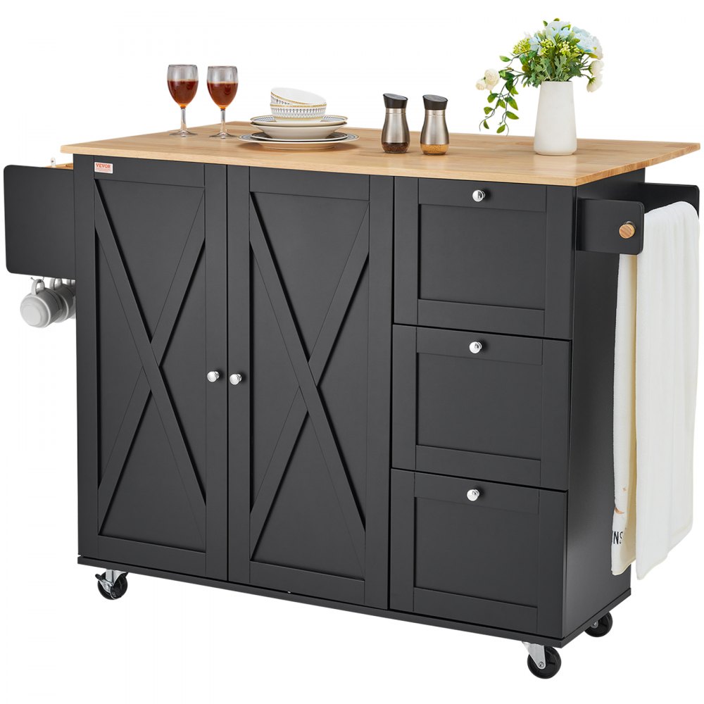 VEVOR Carrello da Cucina, Carrelli Mobili, Piano Ribaltabile in Legno 1150 mm con Mobiletto Portaoggetti, Tavolo con Rotelle, Porta Spezie e Asciugamani, Cassetto Ganci, Isole Portatili Ruote, Nero