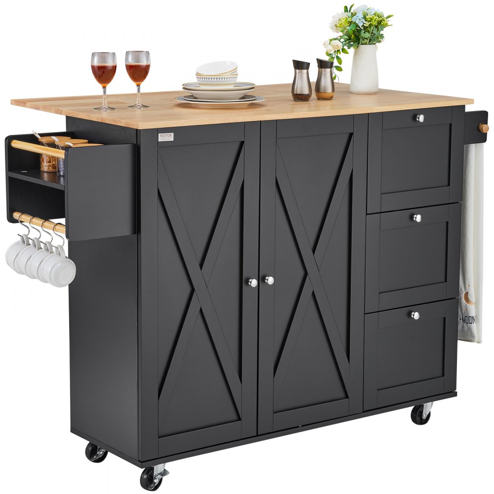 VEVOR Carrello da Cucina, Carrelli Mobili, Piano Ribaltabile in Legno 1150 mm con Mobiletto Portaoggetti, Tavolo con Rotelle, Porta Spezie e Asciugamani, Cassetto Ganci, Isole Portatili Ruote, Nero
