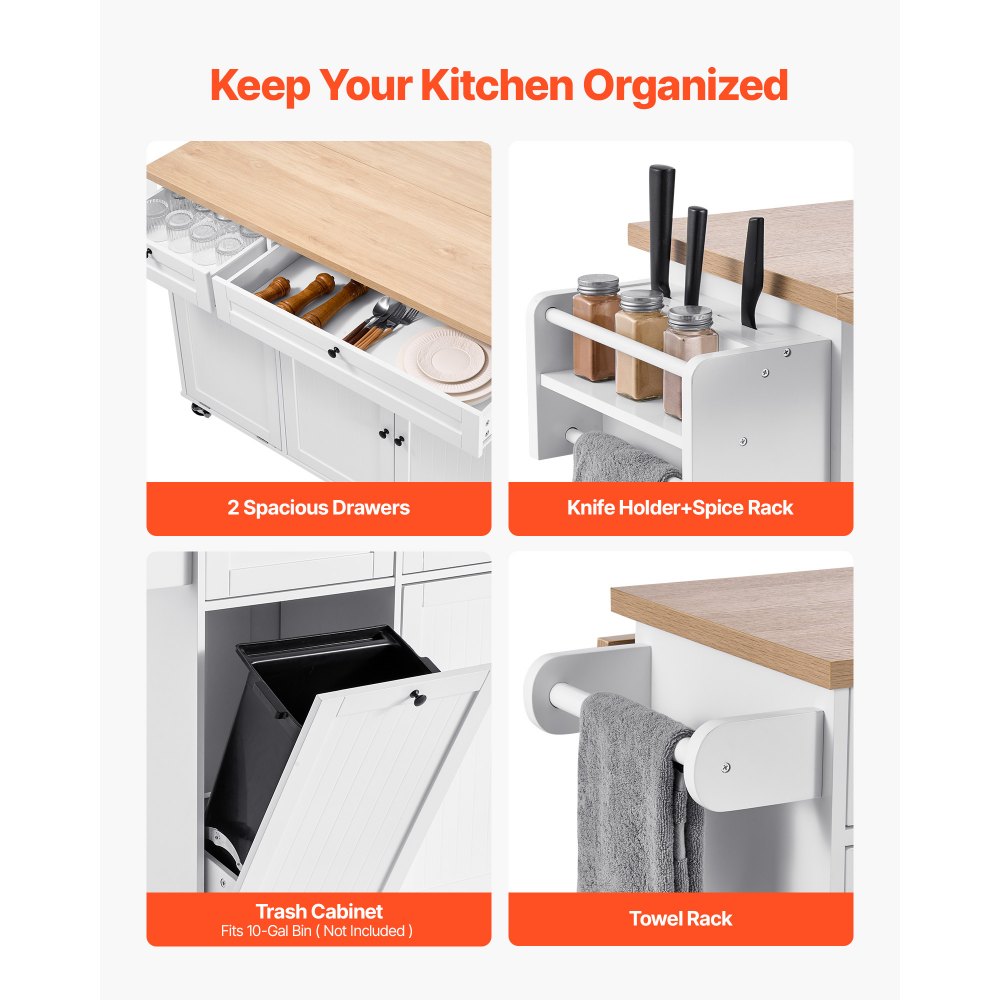 VEVOR Carrello da Cucina, Largo 153 cm, con Ruote, Piano Superiore Pieghevole, 2 Mobiletto, Mobiletto Portaoggetti, Portacoltelli, Porta Spezie e Portasciugamani, Tavolo per Sala da Pranzo