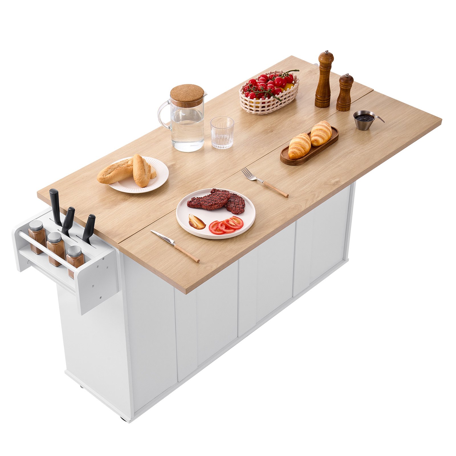 VEVOR Carrello da Cucina, Largo 153 cm, con Ruote, Piano Superiore Pieghevole, 2 Mobiletto, Mobiletto Portaoggetti, Portacoltelli, Porta Spezie e Portasciugamani, Tavolo per Sala da Pranzo