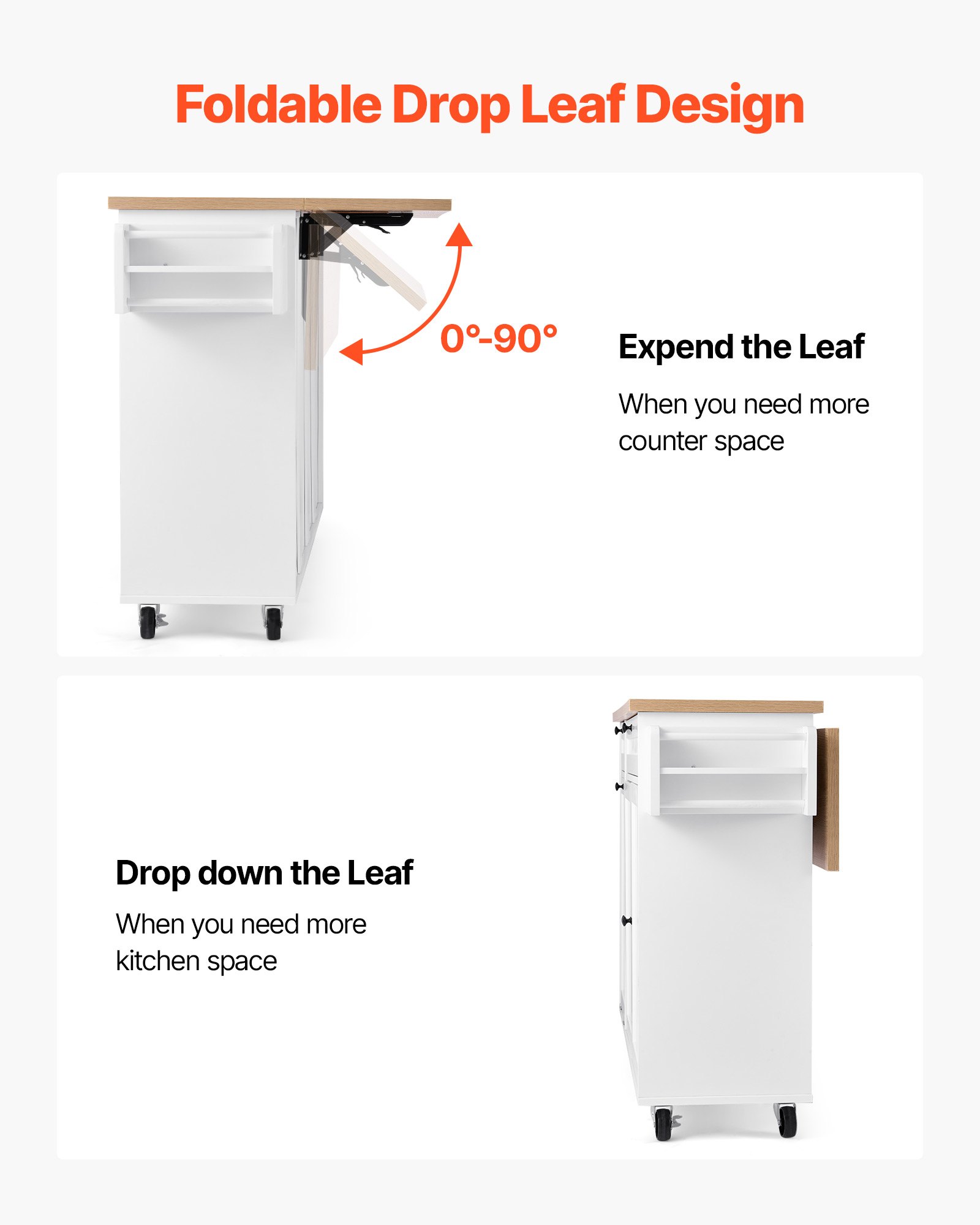 VEVOR Carrello da Cucina, Largo 153 cm, con Ruote, Piano Superiore Pieghevole, 2 Mobiletto, Mobiletto Portaoggetti, Portacoltelli, Porta Spezie e Portasciugamani, Tavolo per Sala da Pranzo