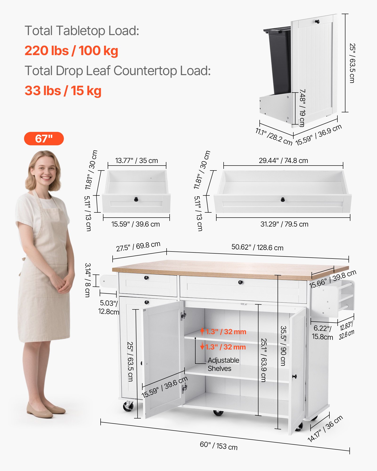 VEVOR Carrello da Cucina, Largo 153 cm, con Ruote, Piano Superiore Pieghevole, 2 Mobiletto, Mobiletto Portaoggetti, Portacoltelli, Porta Spezie e Portasciugamani, Tavolo per Sala da Pranzo