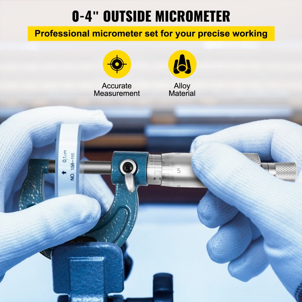 VEVOR Micrometro Esterni da 0-4", 4 Pz Micrometri Millesimali Misuratore, Calibro Esterno Metrico Alta Precisione di 0.0001", Strumento di Misurazione Precisa di Lunghezza, Diametro o Spessore