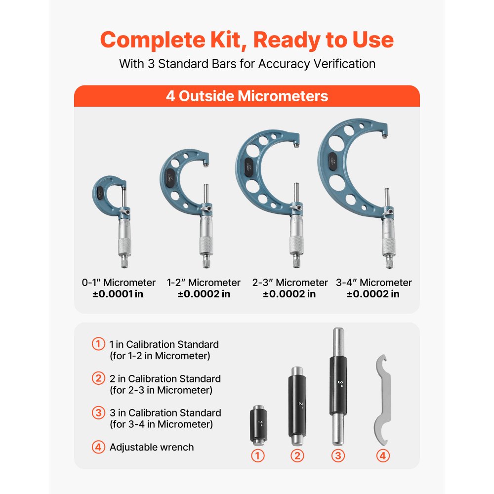 VEVOR Set di Micrometri da 4 Pezzi, Micrometro Esterno per Macchinisti 0-1/1-2/2-3/3-4 pollici Kit di Strumenti per Macchinisti con Custodia Protettiva, per Lavorazione dei Metalli e Ingegneria