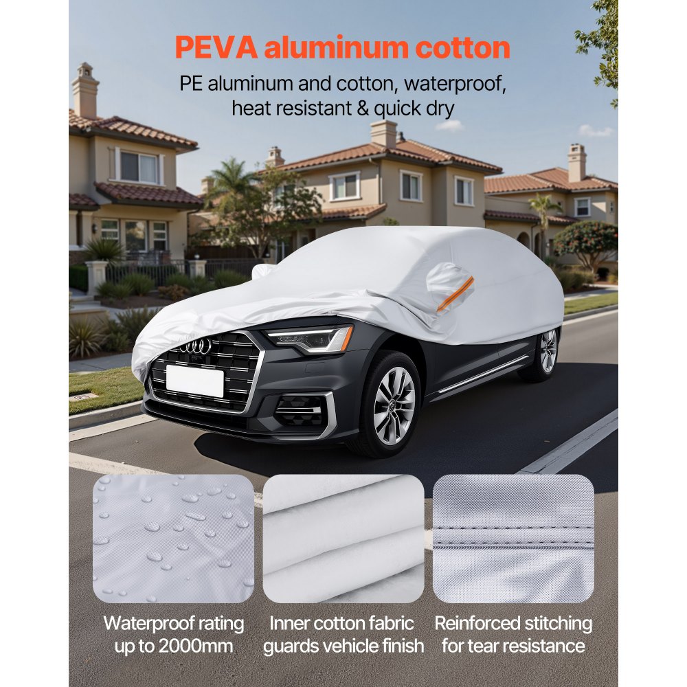 VEVOR Telo Copriauto per Modelli di Berline Full-size Europee, Telo Protezione per Tutte le Stagioni da Sole, Pioggia, Vento, Copertura da Esterno Completa con Cerniera Sulla Portiera, Argento