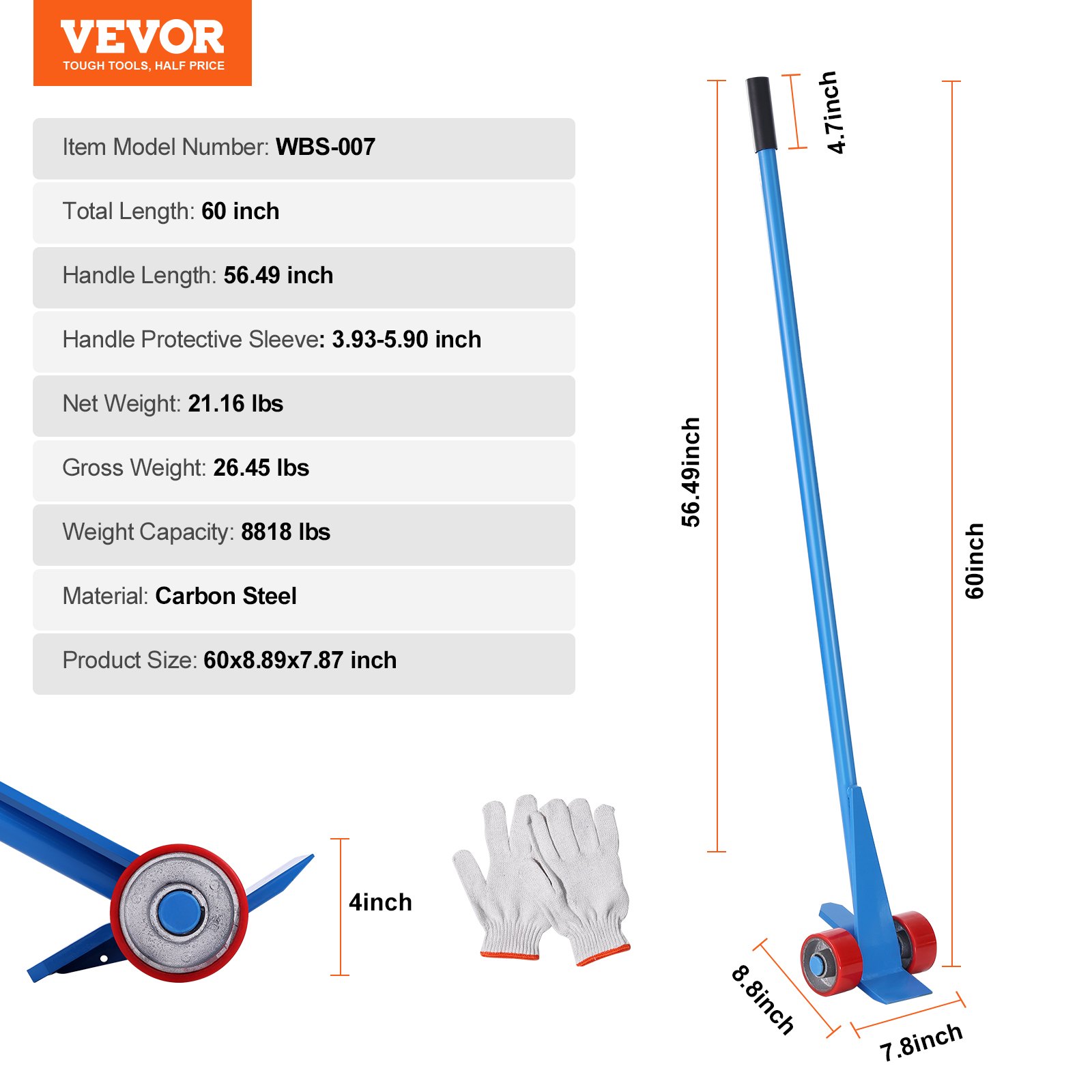 VEVOR Lever Bars with Rollers 152.4cm Pallet Breaker 4 Ton Load Capacity Crowbars Q235 Carbon Steel Demolition & Lever Bar Slat Lifter incl. Gloves