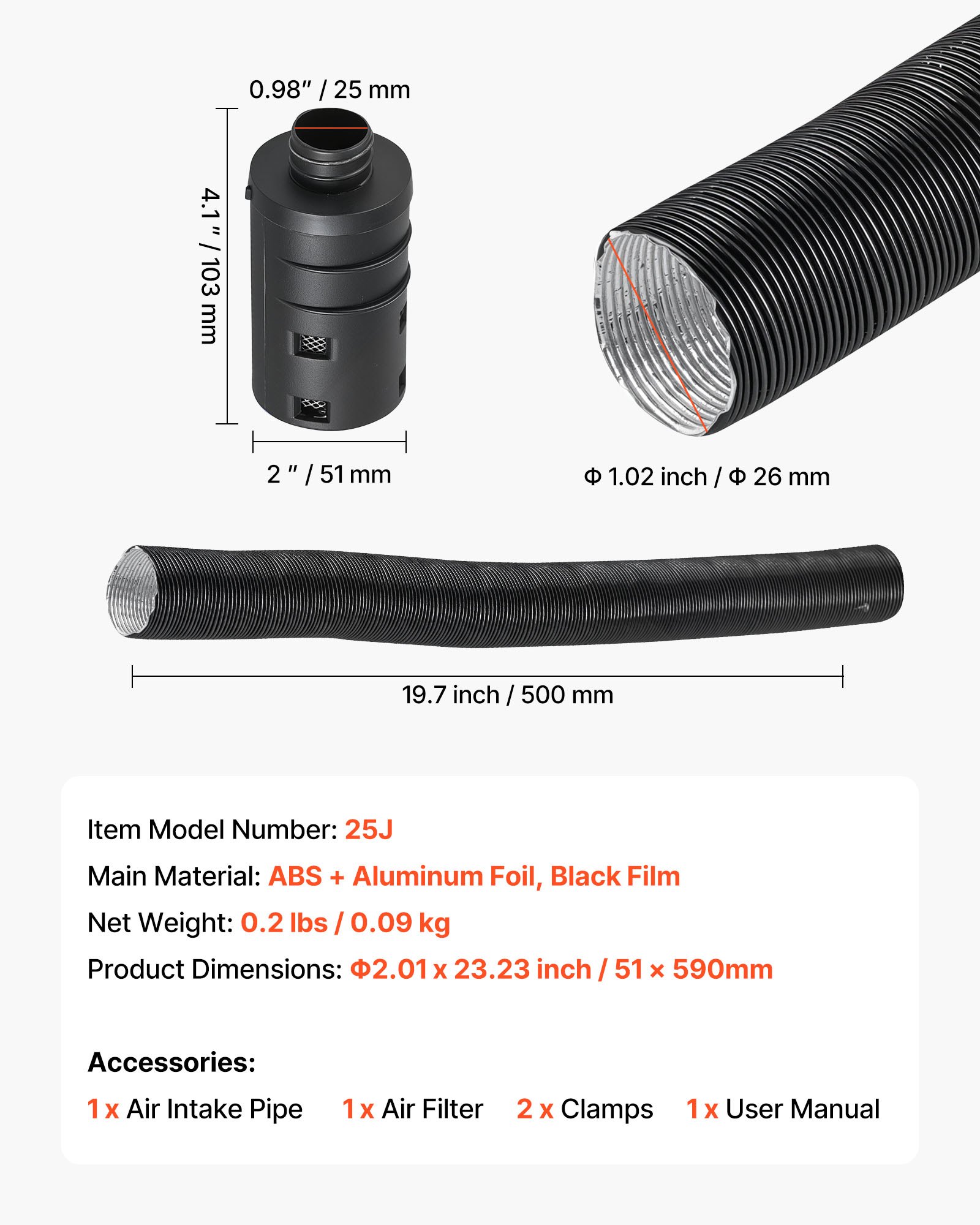 VEVOR Kit Tubo Flessibile di Aspirazione Aria per Riscaldatore Diesel da Parcheggio da 25 mm, Connettore per Uscita d'Aria Fredda Espandibile con Filtro e Fascette Stringitubo,  da 2 kW/5 kW/8 kW