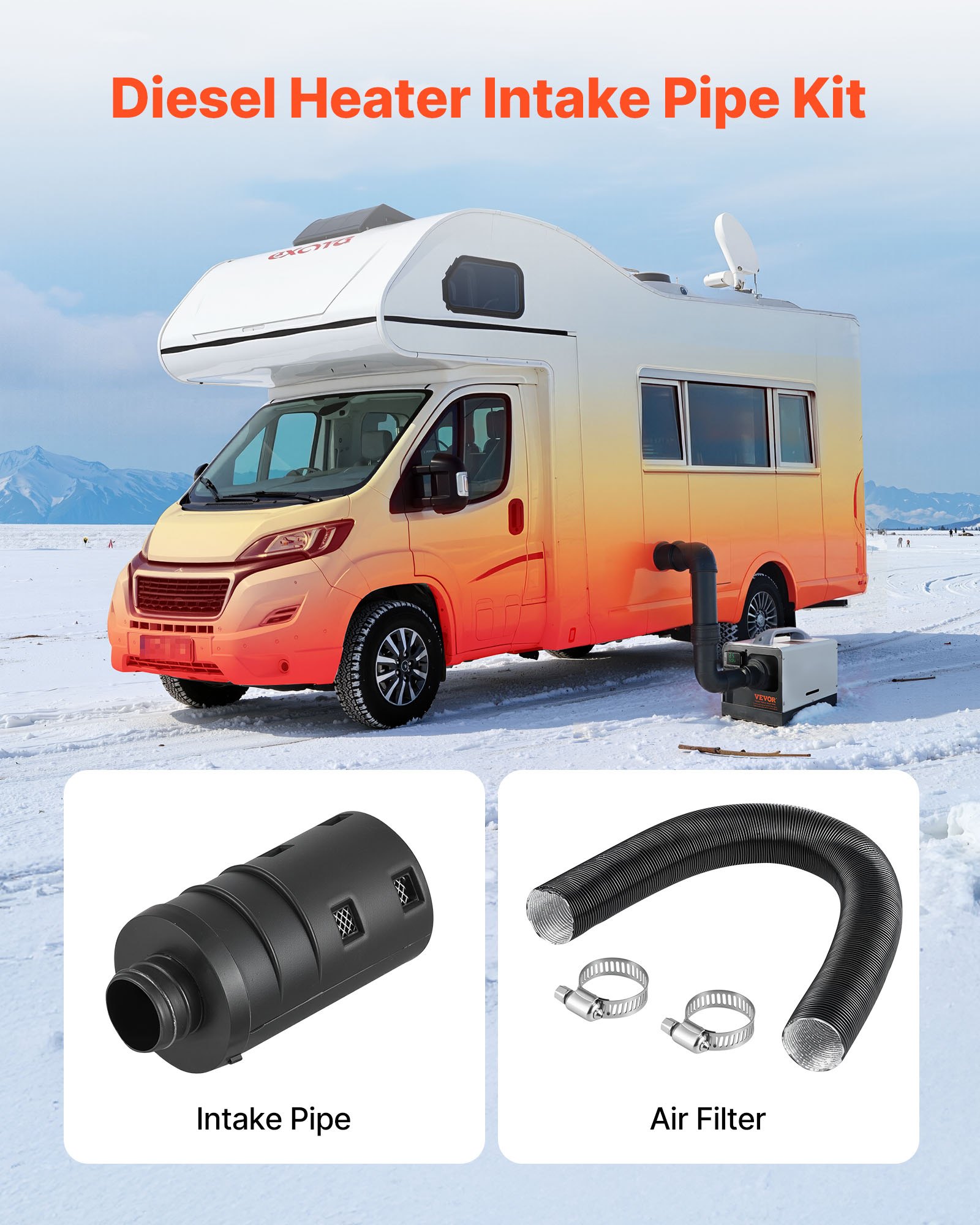 VEVOR Diesel Heater Intake Pipe Kit, 25mm Car Air Parking Heater Ducting Pipe Hose Tube, Stretchable & Bendable Car Air Intake Filter Silencer Hose Pipes Kit with Clamps for 2KW 5KW 8KW Diesel Heaters