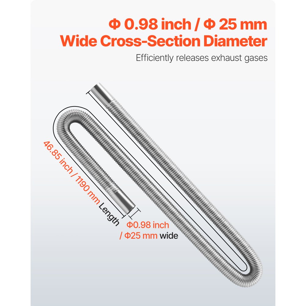 VEVOR Tubo Flessibile di Scarico per Riscaldatore Diesel in Acciaio Inossidabile da 119 cm, Connettore per Uscita d'Aria da Parcheggio da 2 kW/5 kW/8 kW con 2 Fascette Stringitubo per Manutenzione