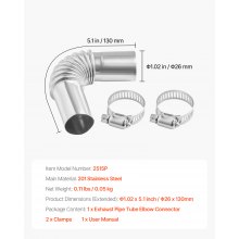 VEVOR Connettore a Gomito per Tubo di Scarico del Riscaldatore Diesel da 25 mm, Connettore per Uscita d'Aria da Parcheggio da 2 kW/5 kW/8 kW, Acciaio Inox, con 2 Fascette Stringitubo
