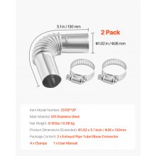 VEVOR Connettore a Gomito per Tubo di Scarico del Riscaldatore Diesel da 25 mm, 2 Pezzi Connettore per Uscita d'Aria da Parcheggio da 2 kW/5 kW/8 kW, Acciaio Inox, con 4 Fascette Stringitubo