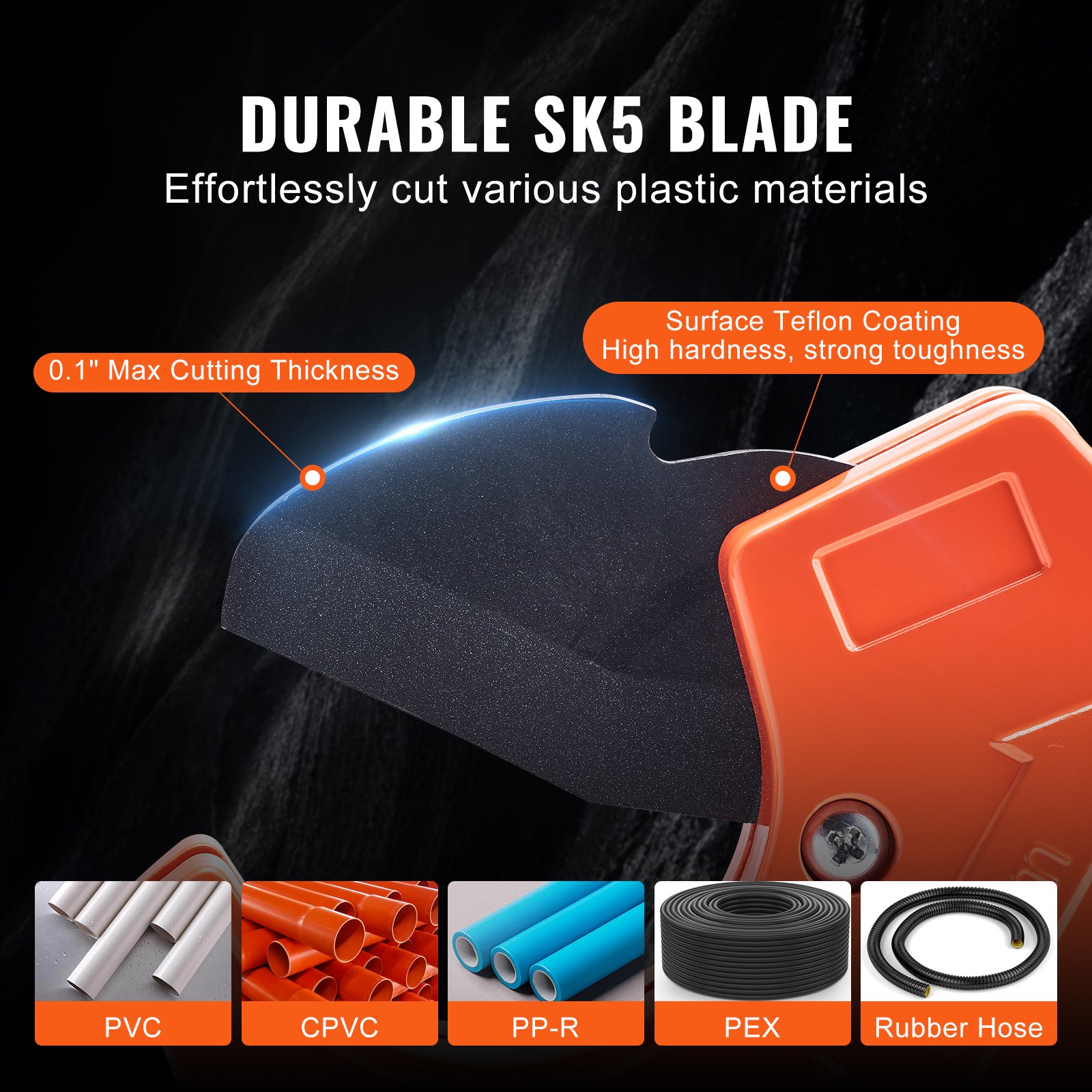 VEVOR Tagliatubi in PVC, Tagliatubi a cricchetto con diametro esterno 0-2-1/2", Utensile da taglio per tubi per carichi pesanti con lama SK5 di ricambio per tubi in PVC, CPVC, PP-R, PEX, PE