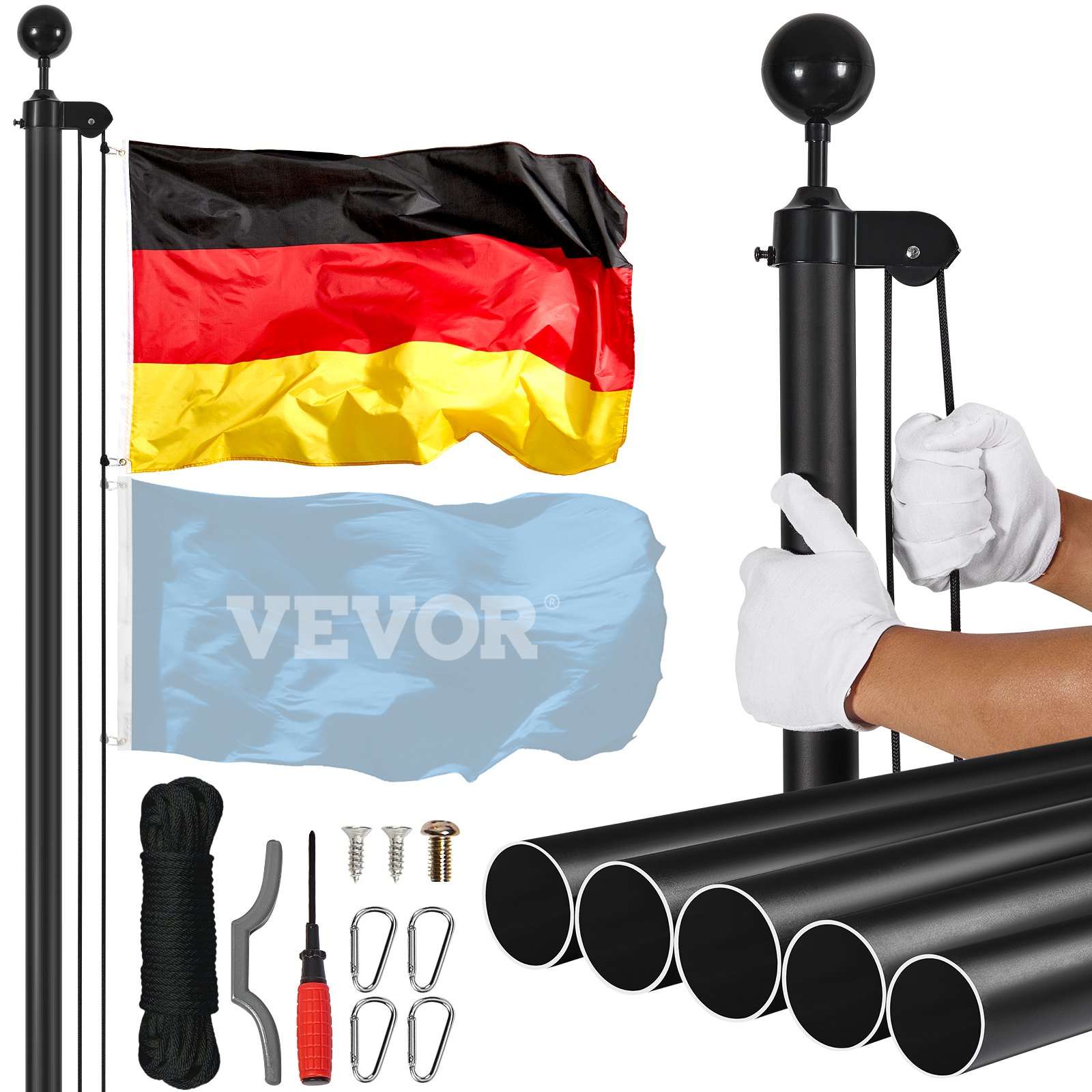 VEVOR Kit Asta Bandiera Staccabile da 762 cm, Kit Asta Bandiera in Lega di Alluminio Resistente da Interrare per Esterni, con 3 Modalità di Visualizzazione con Accessori , Bandiera Tedesca, Nera