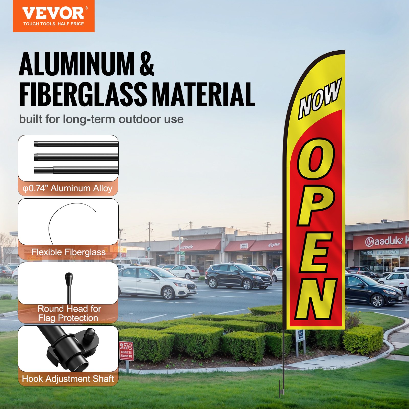 VEVOR Open Flag with Mast Set, Advertising Flag for Businesses Outdoors, Advertising Feather Flag Set, incl. 1 Banner Flag, 1 Mast, 1 Ground Pole, Open Signs Swooper Flag for Businesses, 5 m