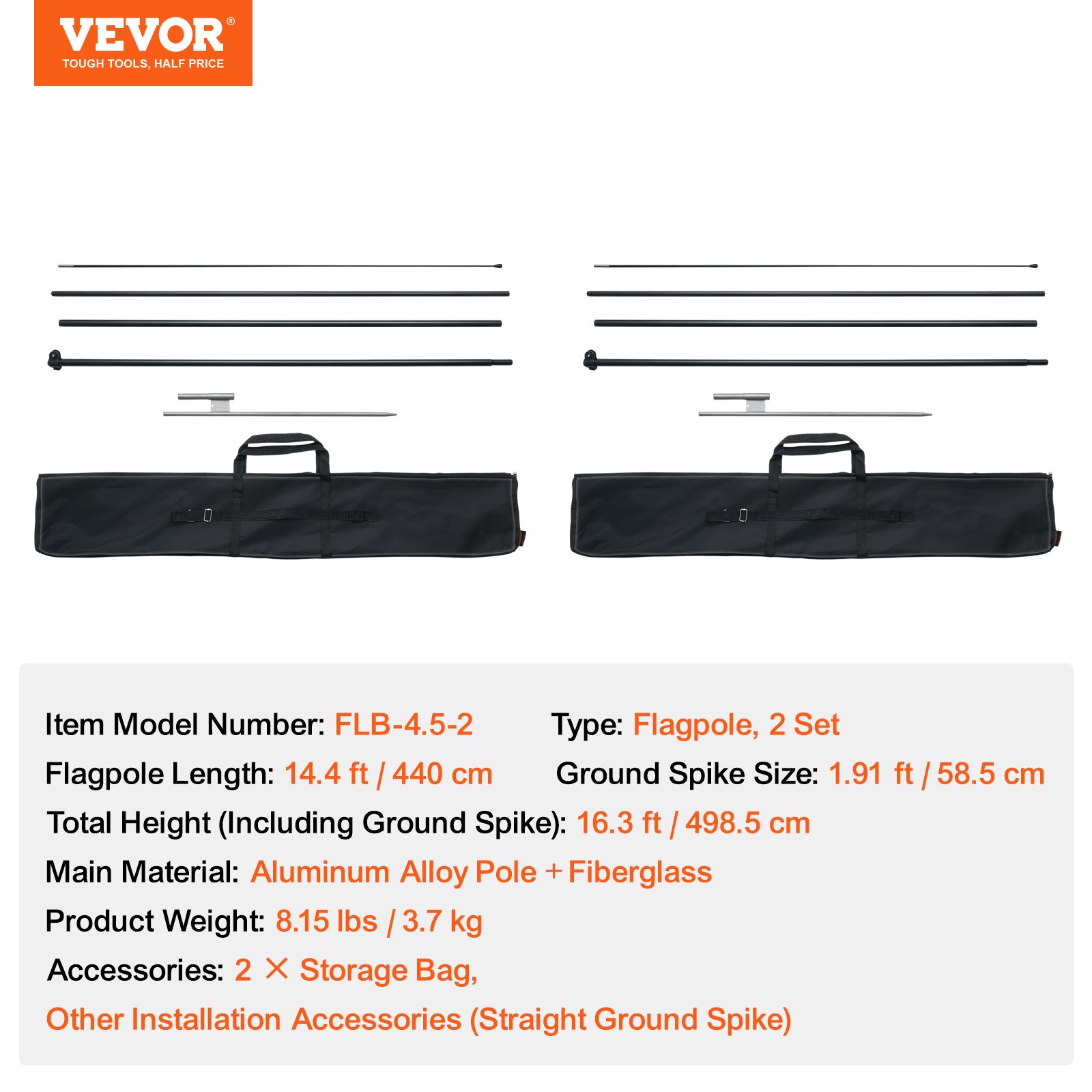 VEVOR Kit Asta Portabandiera da 2 Pezzi 498,5 cm con Picchetti da Terra e Borsa per il Trasporto (Bandiera non Inclusa)Asta Portabandiera per Segnaletica Aziendale, Asta Portabandiera all'Aperto