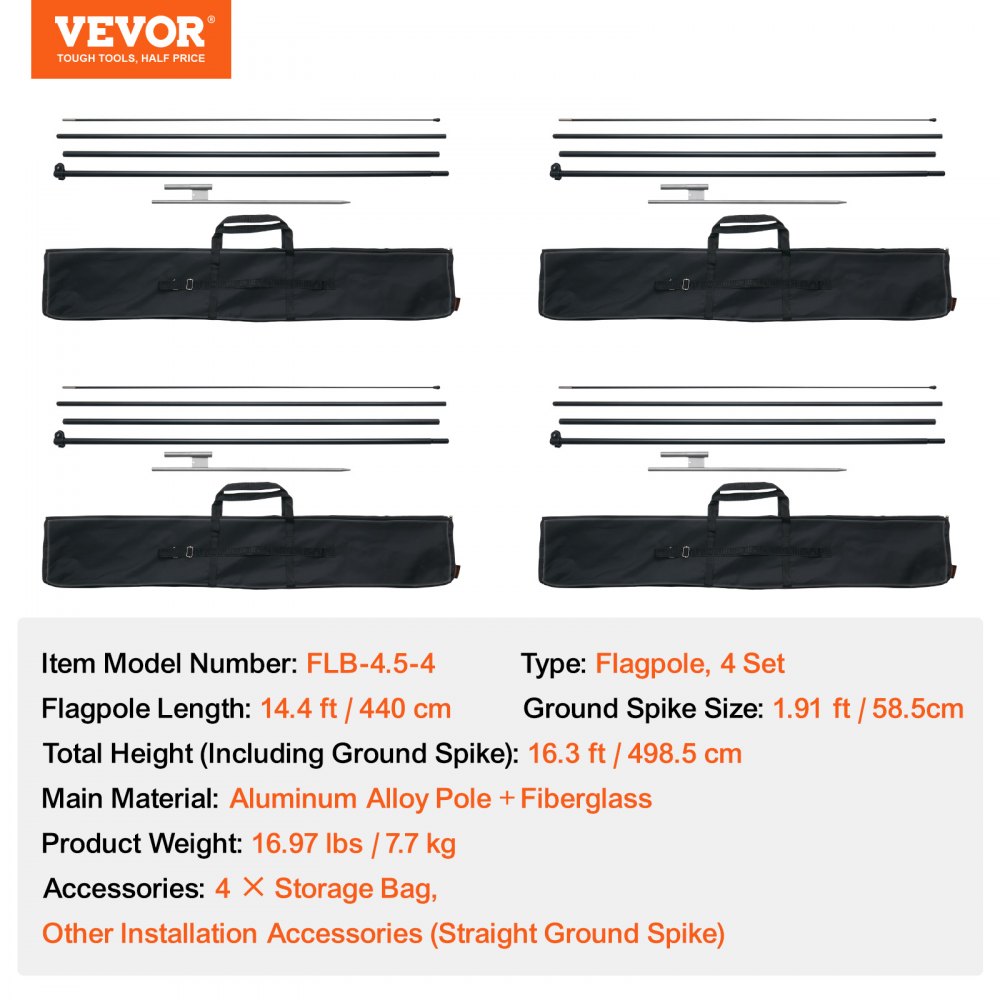 VEVOR Kit asta portabandiera con piume, 4 pacchi asta portabandiera Swooper da 16,3 piedi, aste portabandiera per segnaletica aziendale, bandiere pubblicitarie all'aperto, con picchetti da terra e borsa per il trasporto (bandiera non inclusa)