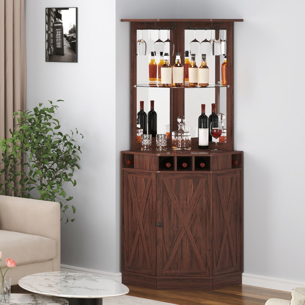 VEVOR Mobile Bar Industriale ad Angolo, Tavolo da Vino per Liquori e Bicchieri, Credenza Buffet con Porta Bicchieri, Mobile Bar Indipendente in Legno per Soggiorno, Bar di Casa, Noce Nera
