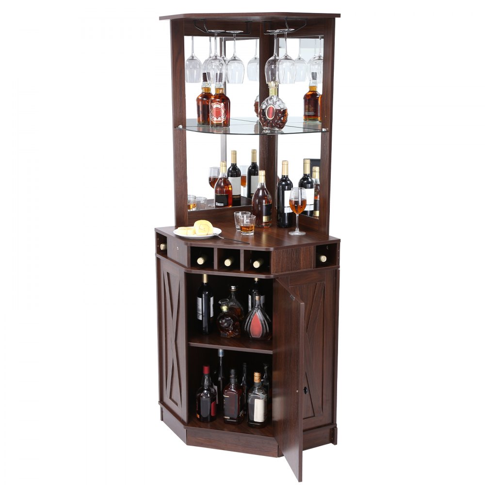 VEVOR Mobile Bar Industriale ad Angolo, Tavolo da Vino per Liquori e Bicchieri, Credenza Buffet con Porta Bicchieri, Mobile Bar Indipendente in Legno per Soggiorno, Bar di Casa, Noce Nera