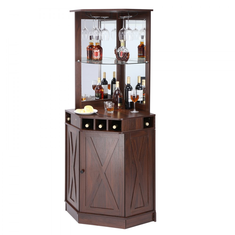 VEVOR Mobile Bar Industriale ad Angolo, Tavolo da Vino per Liquori e Bicchieri, Credenza Buffet con Porta Bicchieri, Mobile Bar Indipendente in Legno per Soggiorno, Bar di Casa, Noce Nera