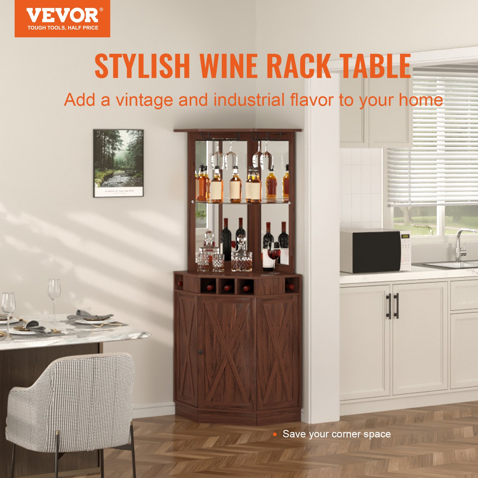 VEVOR Mobile Bar Industriale ad Angolo, Tavolo da Vino per Liquori e Bicchieri, Credenza Buffet con Porta Bicchieri, Mobile Bar Indipendente in Legno per Soggiorno, Bar di Casa, Noce Nera