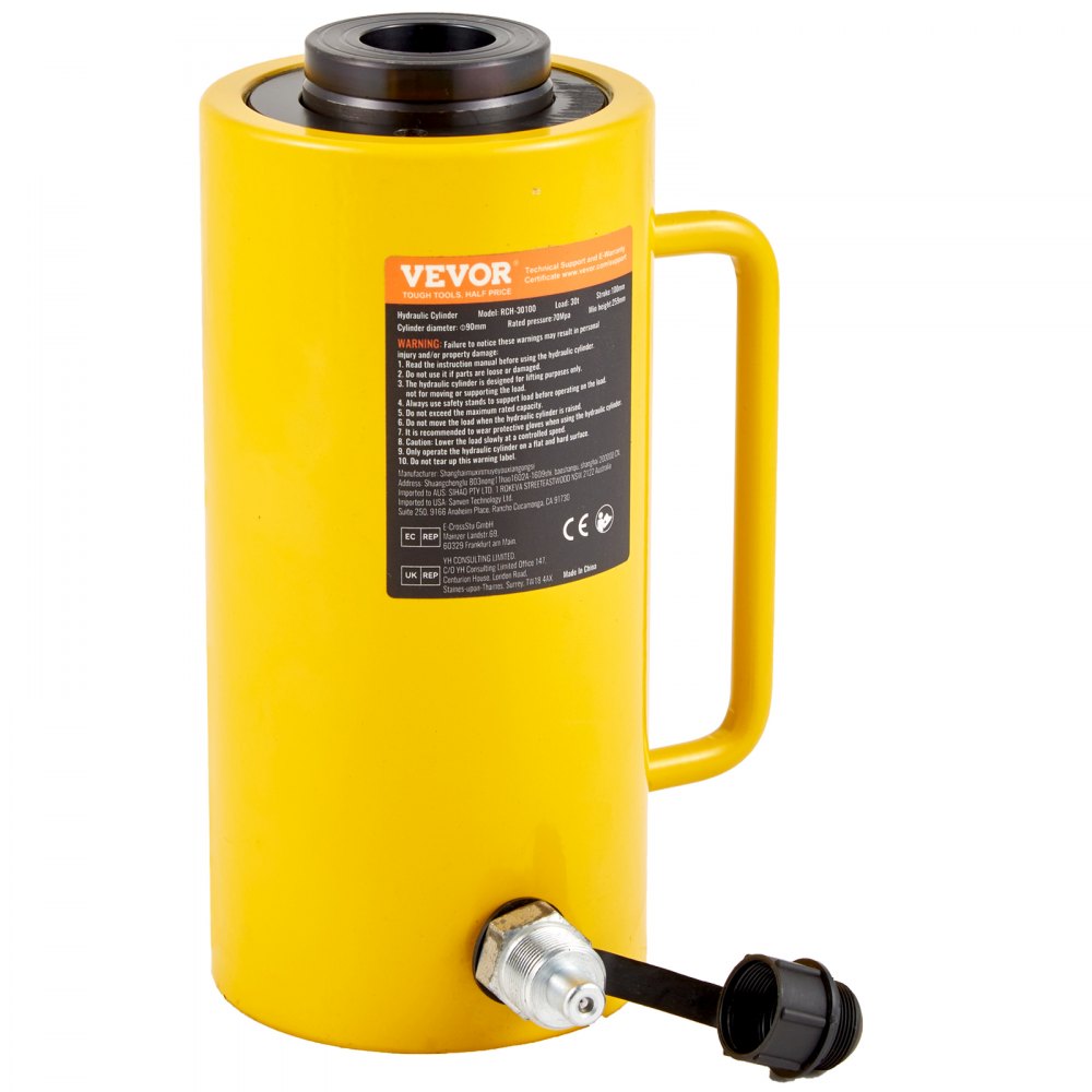 VEVOR Hydraulic Cylinder Jack, 30T Capacity, 100mm Stroke, Single-Acting, Portable, Yellow, Hydraulic Trolley Jack, Hollow Piston Jack, 6.9kg Hydraulic Bottle for Riggers and Manufacturers