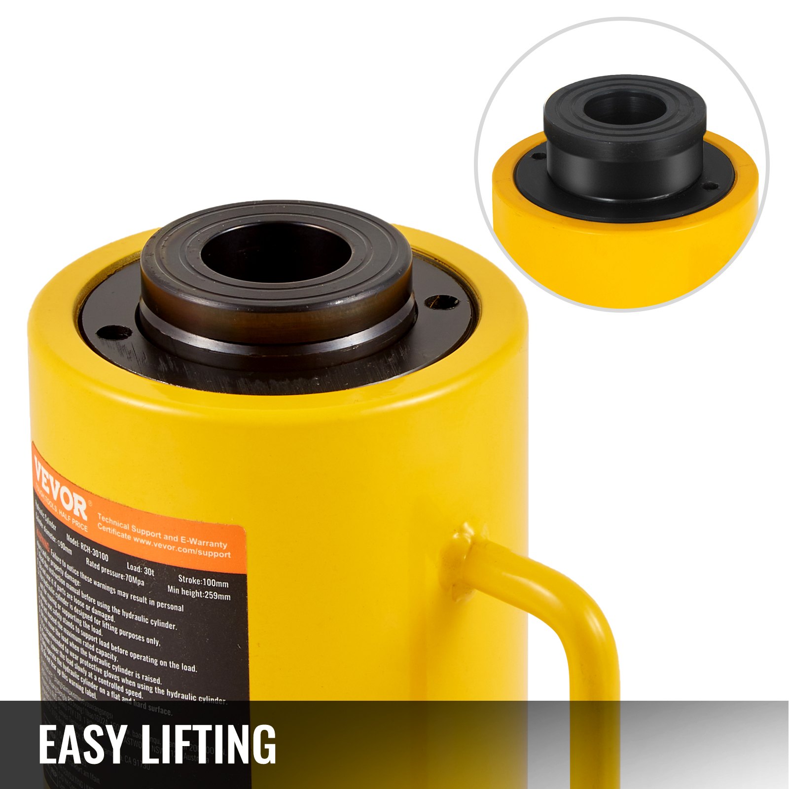 VEVOR Hydraulic Cylinder Jack, 30T Capacity, 100mm Stroke, Single-Acting, Portable, Yellow, Hydraulic Trolley Jack, Hollow Piston Jack, 6.9kg Hydraulic Bottle for Riggers and Manufacturers