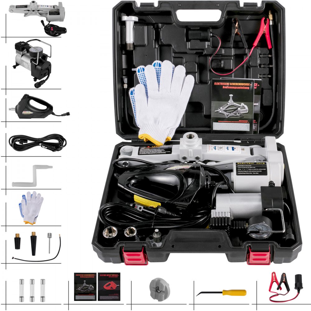 VEVOR Martinetto a Forbice 3T per Auto, Cric a Forbice Elettrico con Pompa di gonfiaggio e Avvitatore Elettrico per SUV Berlina, Kit di Cric Automatico 12V da 6600 Libbre, Cassetta e Guanti Inclusa