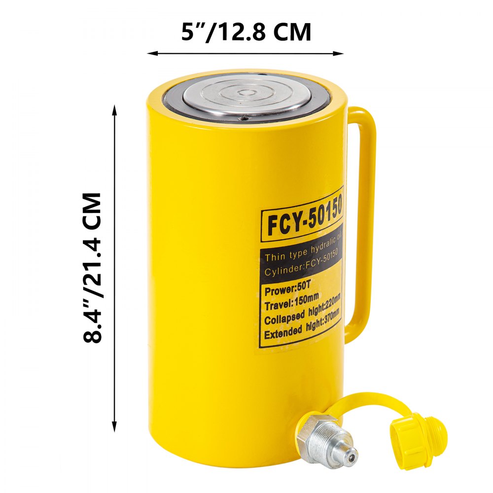 VEVOR Martinetto idraulico Cilindro idraulico 50 t 150 mm di corsa, Martinetto idraulico di manovra con impugnatura portatile Giallo per elettricità, acciaio, ponti, ingegneria