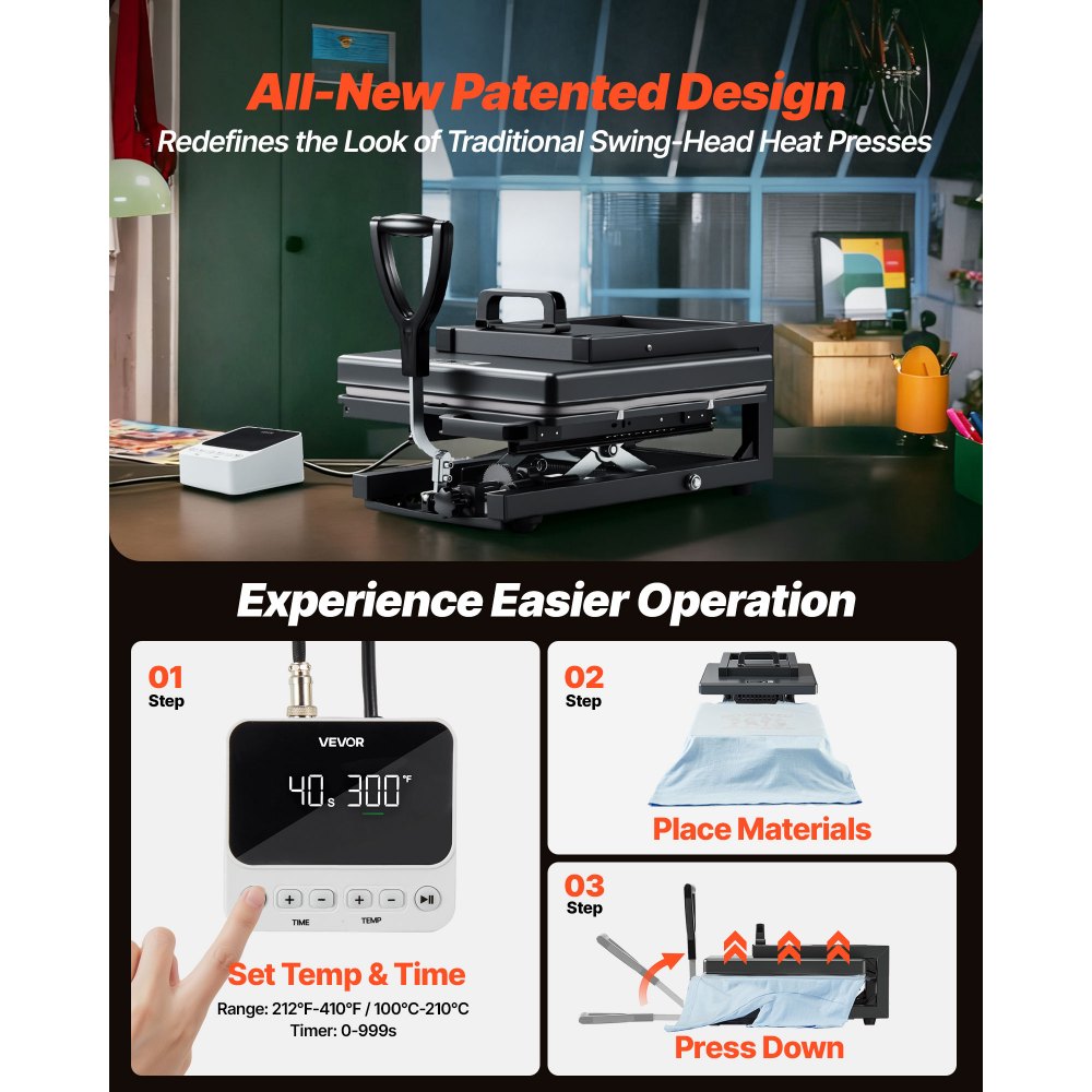 VEVOR Hybrid Heat Press, 380 x 380 mm, 8-in-1 Multifunction, Heat Up Fast and Even, All-New Patented Design, Easy to Control, Sublimation Press Machine for T-shirts/Mugs/Tumblers/Caps/Plates, Black