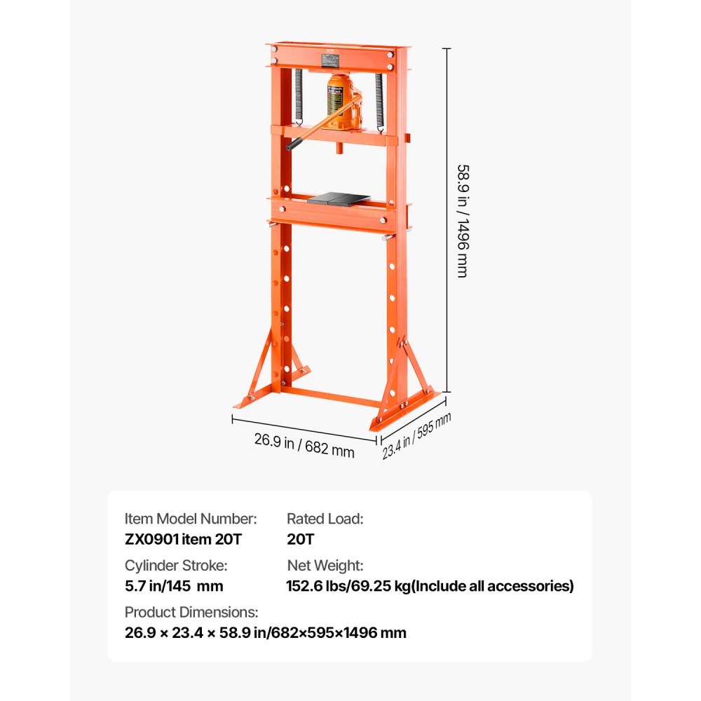 VEVOR Pressa Idraulica Manuale da Officina, Pressa da Officina Martinetto Telaio a H 20 T con Piastra di Pressatura Supporto Triangolare, Pressa Idraulica Stabile Regolabile per Pavimento da Garage