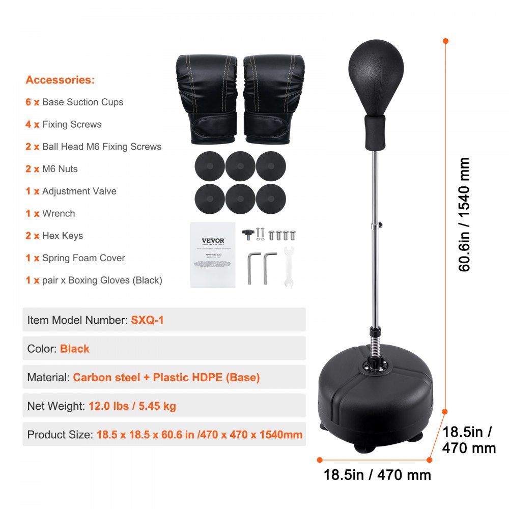 VEVOR Sacco da Boxe, Sacco da Boxe Riflessa per Adolescenti Adulti, Set di Sacco da Boxe Autoportante Regolabile in Altezza con Guantoni e Supporto, Sacco da Velocità per Allenamento, per Fitness