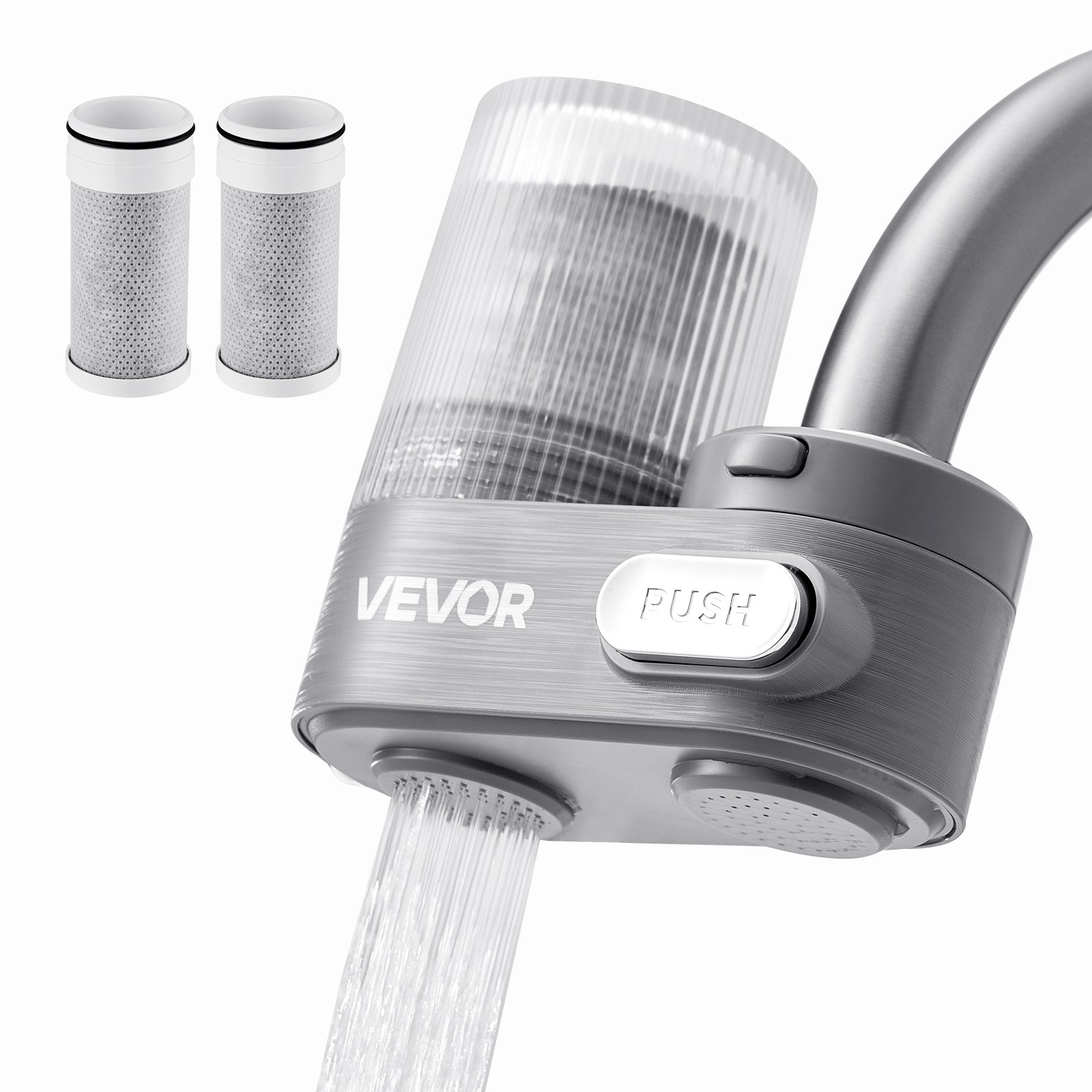 VEVOR Filtro per Acqua da Rubinetto con 3 Filtri, Purificatore d'Acqua Verticale per Lavello, 2 Modalità, Rimuove Cloro e Piombo, per Maggior Parte dei Rubinetti da Cucina o da Bagno, Grigio
