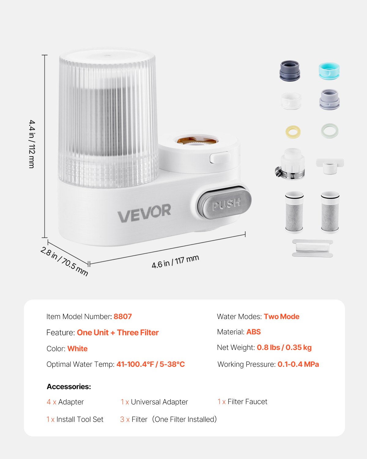 VEVOR Filtro per Acqua da Rubinetto con 3 Filtri, Purificatore d'Acqua Verticale per Lavello, 2 Modalità, Rimuove Cloro e Piombo, per Maggior Parte dei Rubinetti da Cucina o da Bagno, Bianco