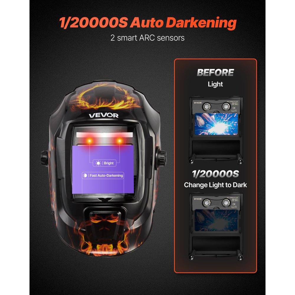 VEVOR Casco per Saldatura Auto-Oscurante, Cappuccio per Saldatura Energia Solare Colori Reali da 93 x 43 mm, 2 Sensori ad Arco, Tonalità 4/9-13 per Molatura TIG MIG ARC, Modello Fiamma Gialla