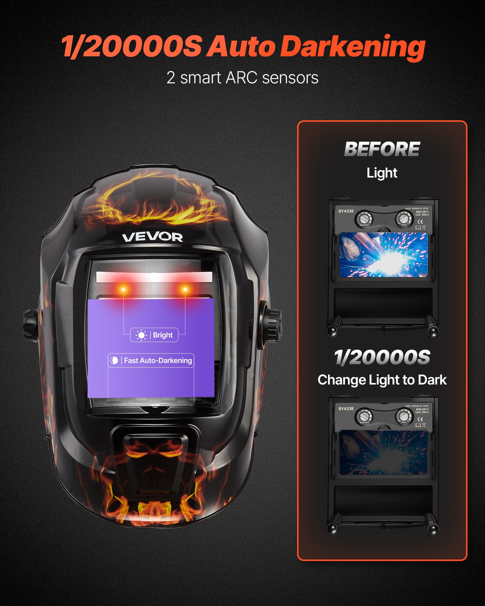 VEVOR Casco per Saldatura Auto-Oscurante, Cappuccio per Saldatura Energia Solare Colori Reali da 93 x 43 mm, 2 Sensori ad Arco, Tonalità 4/9-13 per Molatura TIG MIG ARC, Modello Fiamma Gialla