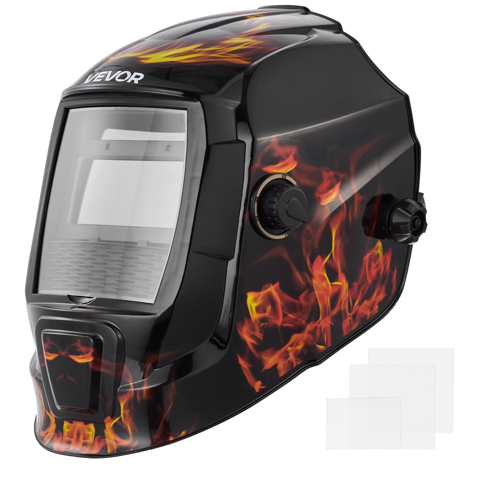 VEVOR Casco per Saldatura Auto-Oscurante, Cappuccio per Saldatura Energia Solare Colori Reali da 93 x 43 mm, 2 Sensori ad Arco, Tonalità 4/9-13 per Molatura TIG MIG ARC, Modello Fiamma Gialla