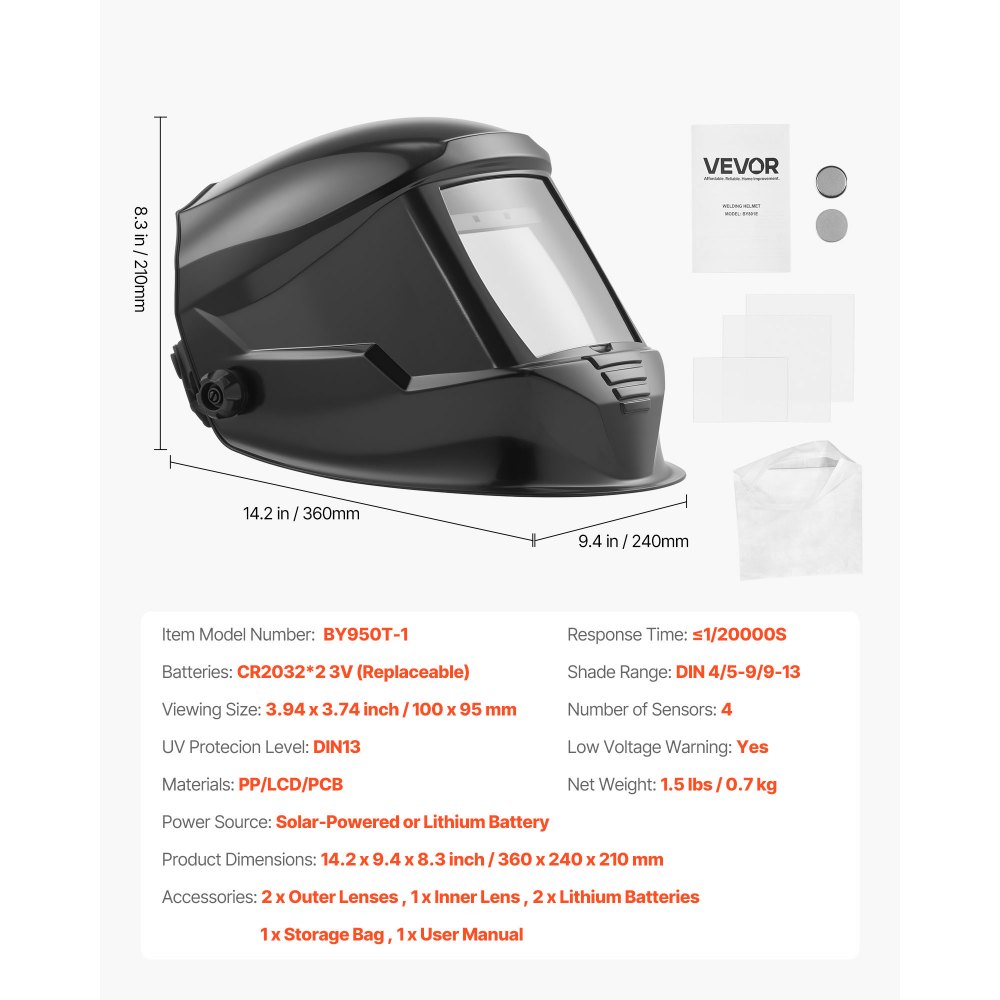 VEVOR Casco per Saldatura Auto-Oscurante, Cappuccio per Saldatura Energia Solare Colori Reali da 100 x 95 mm, 4 Sensori ad Arco, Tonalità 4/5-9/9-13 per Molatura TIG MIG ARC, Serie METIS