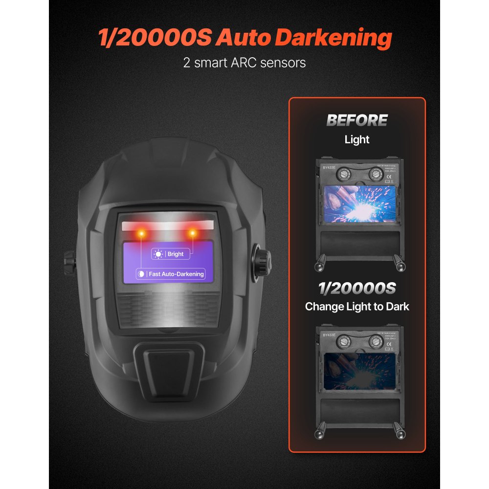 VEVOR Casco per Saldatura Auto-Oscurante, Cappuccio per Saldatura Energia Solare Colori Reali da 93 x 43 mm, 2 Sensori ad Arco, Tonalità 4/9-13 per Molatura TIG MIG ARC, Nero Opaco