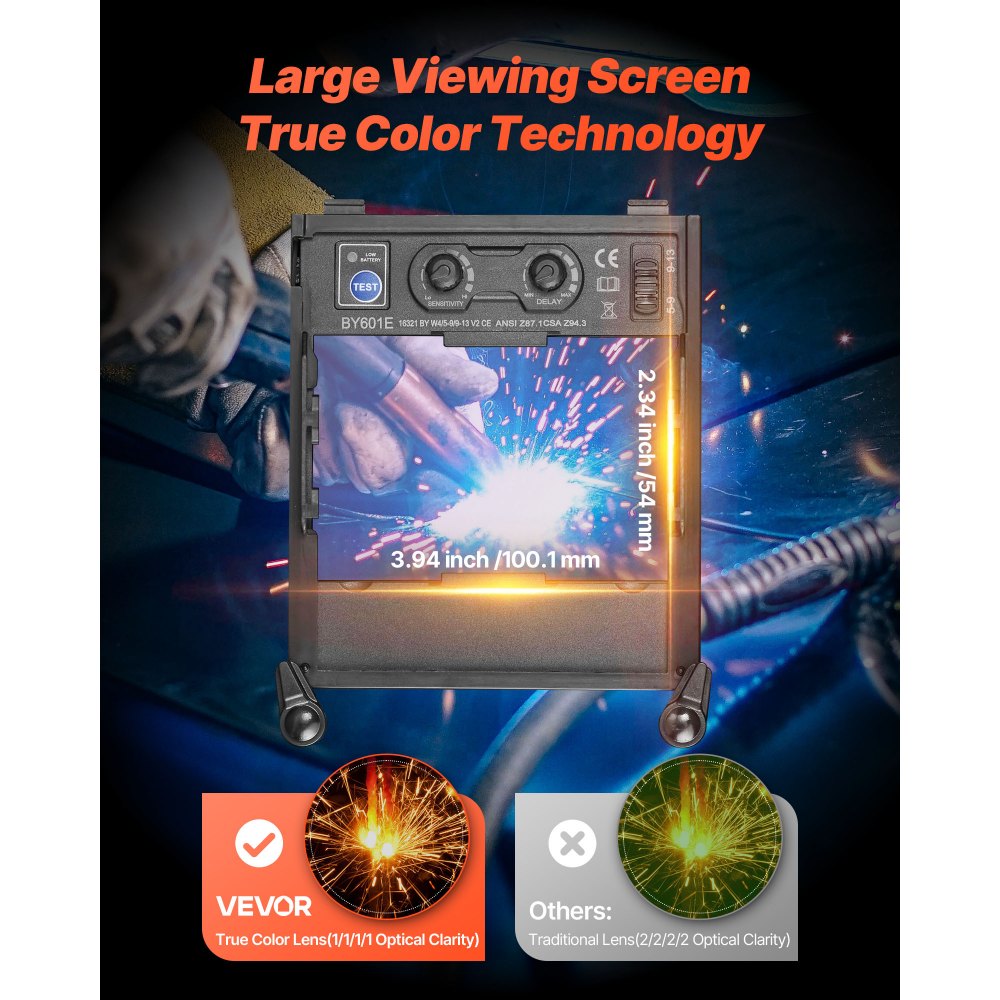 VEVOR Casco per Saldatura Auto-Oscurante, Cappuccio per Saldatura Energia Solare Colori Reali da 100 x 59,4 mm, 4 Sensori ad Arco, Tonalità 4/5-9/9-13 per Molatura TIG MIG ARC, Serie METIS