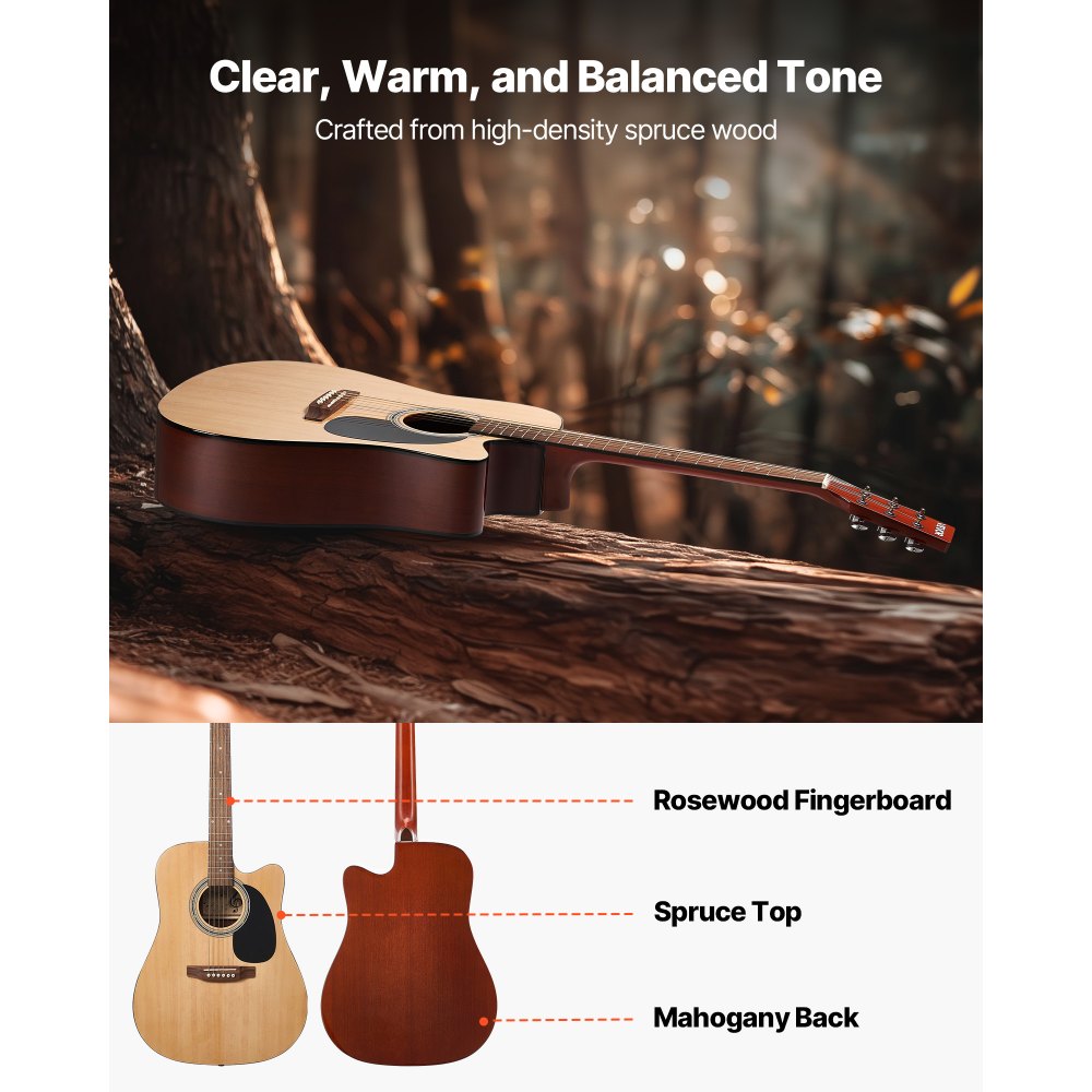 VEVOR Chitarra Acustica Cutaway 1041,4 mm (41 inch) Custodia Morbida per Adulti Naturale