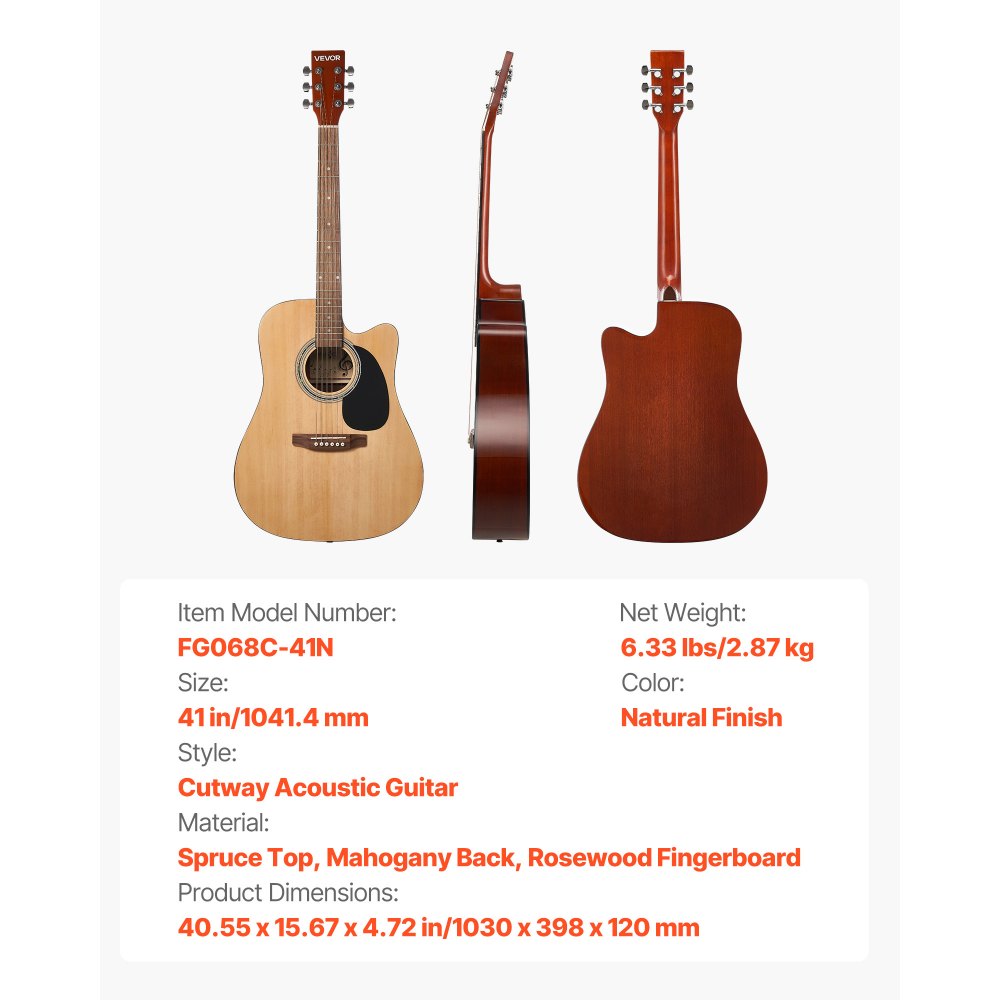 VEVOR Chitarra Acustica Cutaway 1041,4 mm (41 inch) Custodia Morbida per Adulti Naturale
