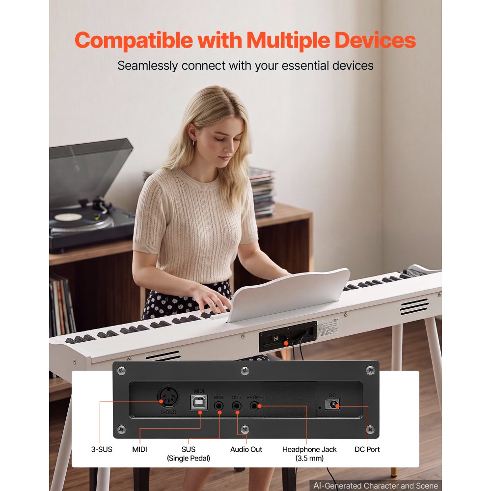 VEVOR Digital Piano 88 Keys Semi Weighted Full Size Keyboard Stand White, for Beginners, 600 Tones, 600 Rhythms, Electric Piano, with Sustain Pedal, Speaker, Headphone Jack, USB/MIDI, Power Adapter