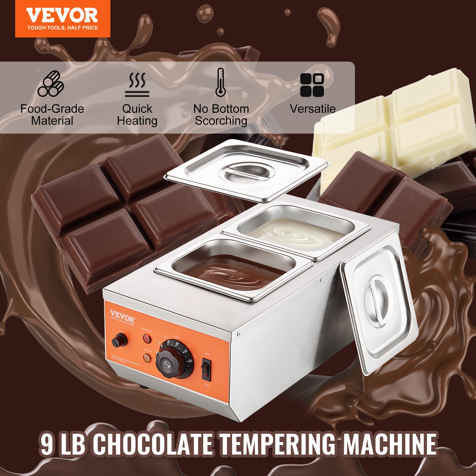 VEVOR Chocolate Melting Pot, Commercial Electric Chocolate Melter, 800W, Stainless Steel Melting Pot, 2 x 3.5L Containers, Chocolate Melting Machine, Melting Pot