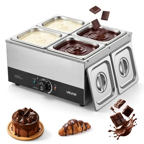 VEVOR Macchina per Fusione di Cioccolato 4 Vaschette Uso Commerciale 1200 W Intervallo Temperatura da 30℃ a 85℃, Corpo in Acciaio Inox, Sistema di Riscaldamento a Bagnomaria, Scaldacioccolato max 8 kg