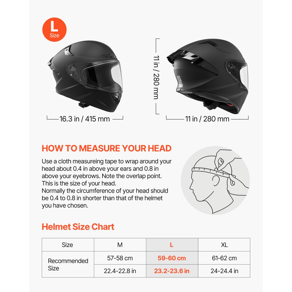 VEVOR Casco Integrale da Moto, Casco con Visiera Trasparente Taglia L Omologato ECE 22,06 DOT Integrale con Tasca per Altoparlante Bluetooth, Motociclista, Calotta in ABS, Strato in EPS, Nero