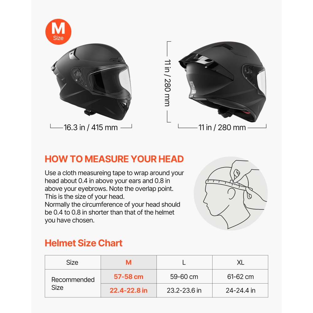 VEVOR Casco Integrale da Moto, Casco Integrale Taglia M con Visiera Trasparente per Motociclisti Omologato ECE 22,06 DOT con Tasche per Altoparlante Bluetooth, Calotta in ABS, Strato in EPS, Nero
