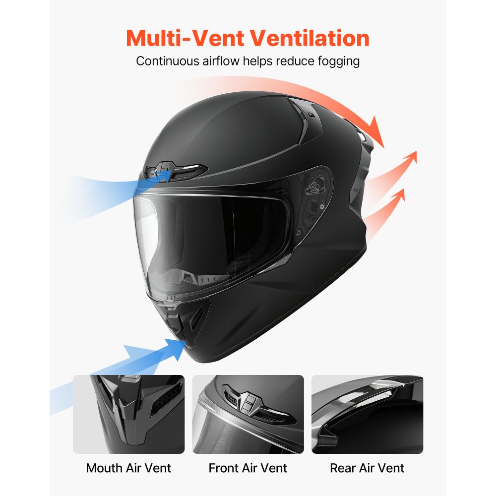 VEVOR Casco Integrale da Moto, Casco Integrale Taglia XL con Visiera Trasparente per Motociclisti Omologato ECE 22,06 DOT con Tasche per Altoparlante Bluetooth, Calotta in ABS, Strato in EPS, Nero