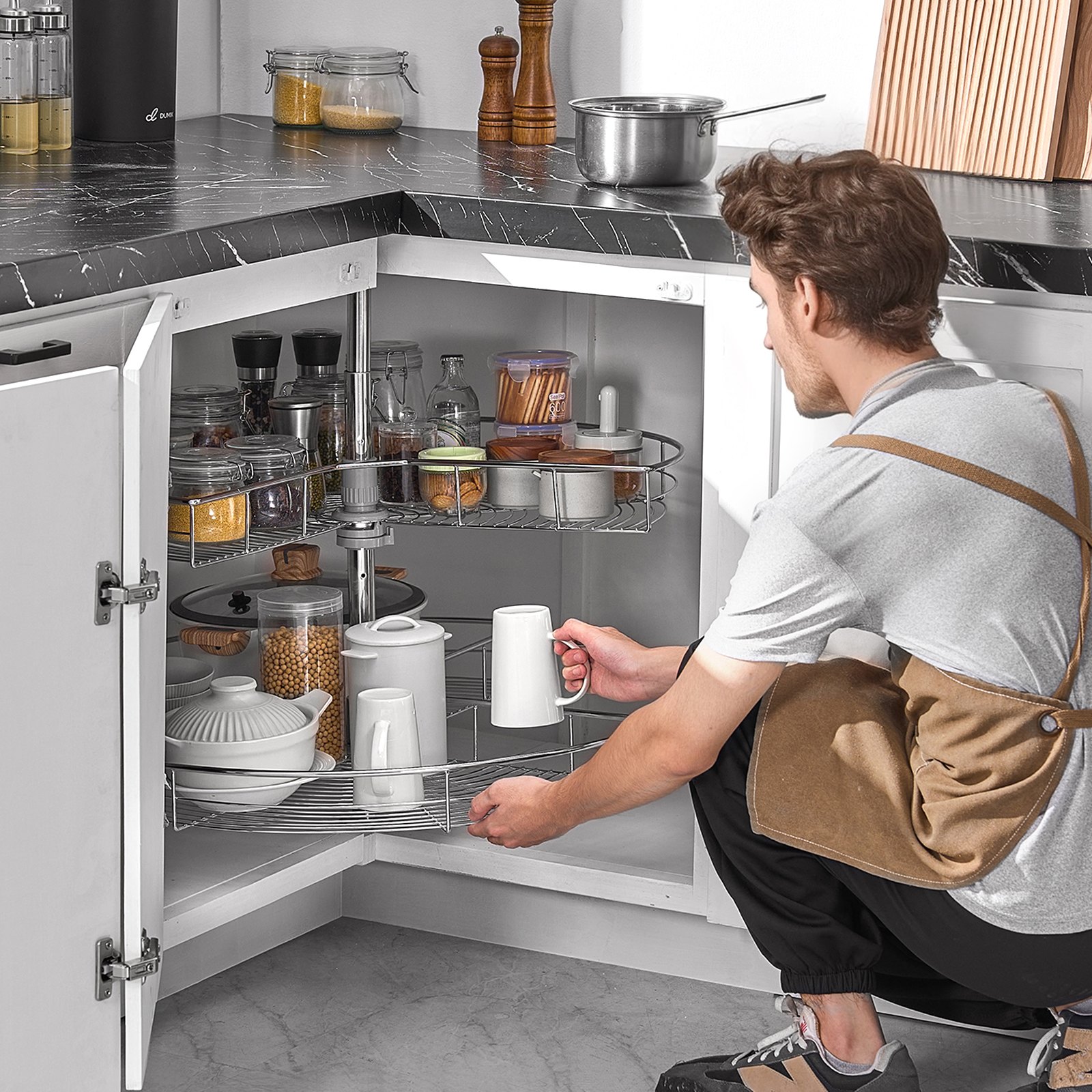 VEVOR Organizzatore Angolare Cromato a Forma di Rene 800 x 680 x 740 mm Angolo Cieco Girevole a 360° Ripiano di Stoccaggio Regolabile in Altezza a 2 Livelli, Ripiano di Ricambio in Acciaio al Carbonio